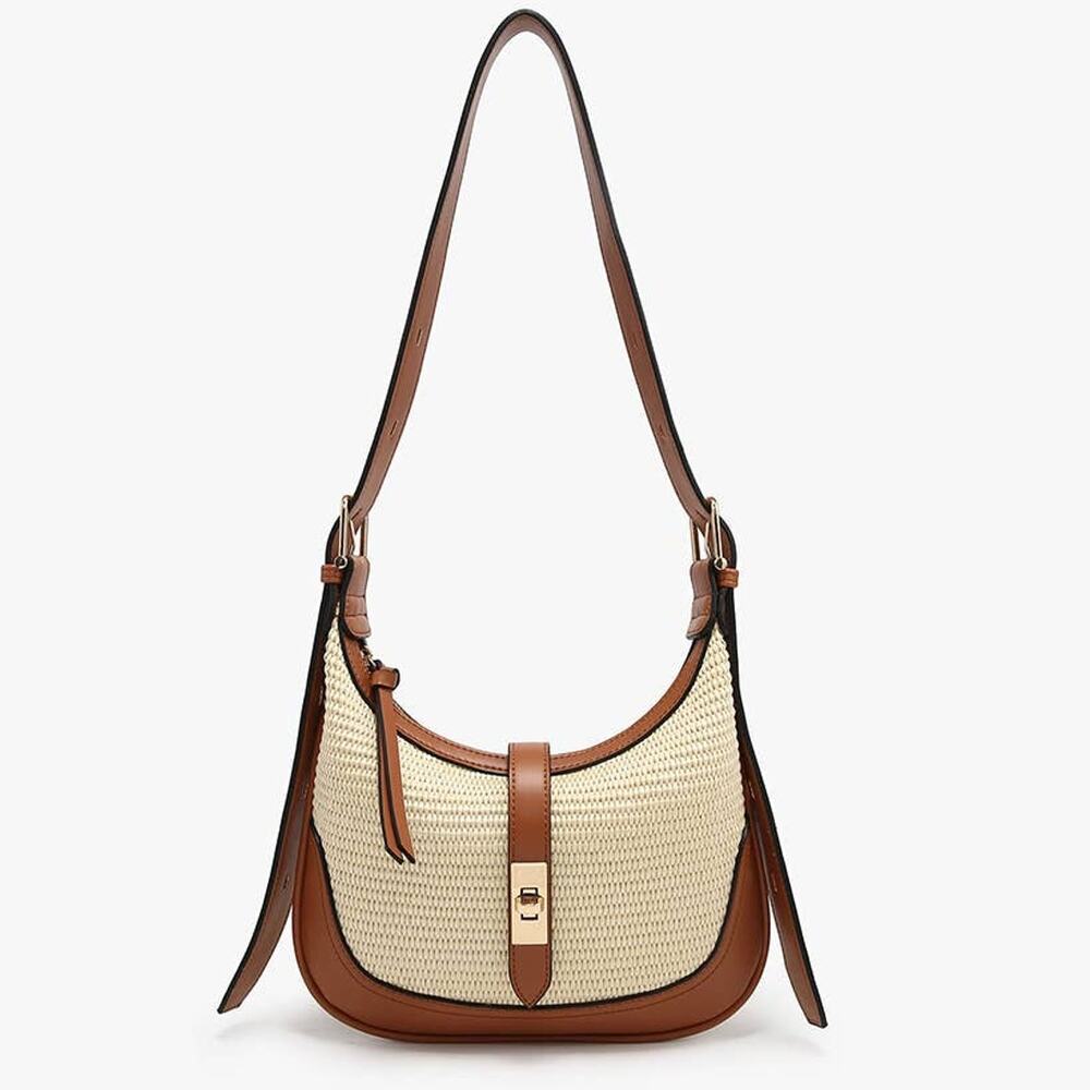 Ariana Straw & Vegan Leather Shoulder Bag in Natural/Brown